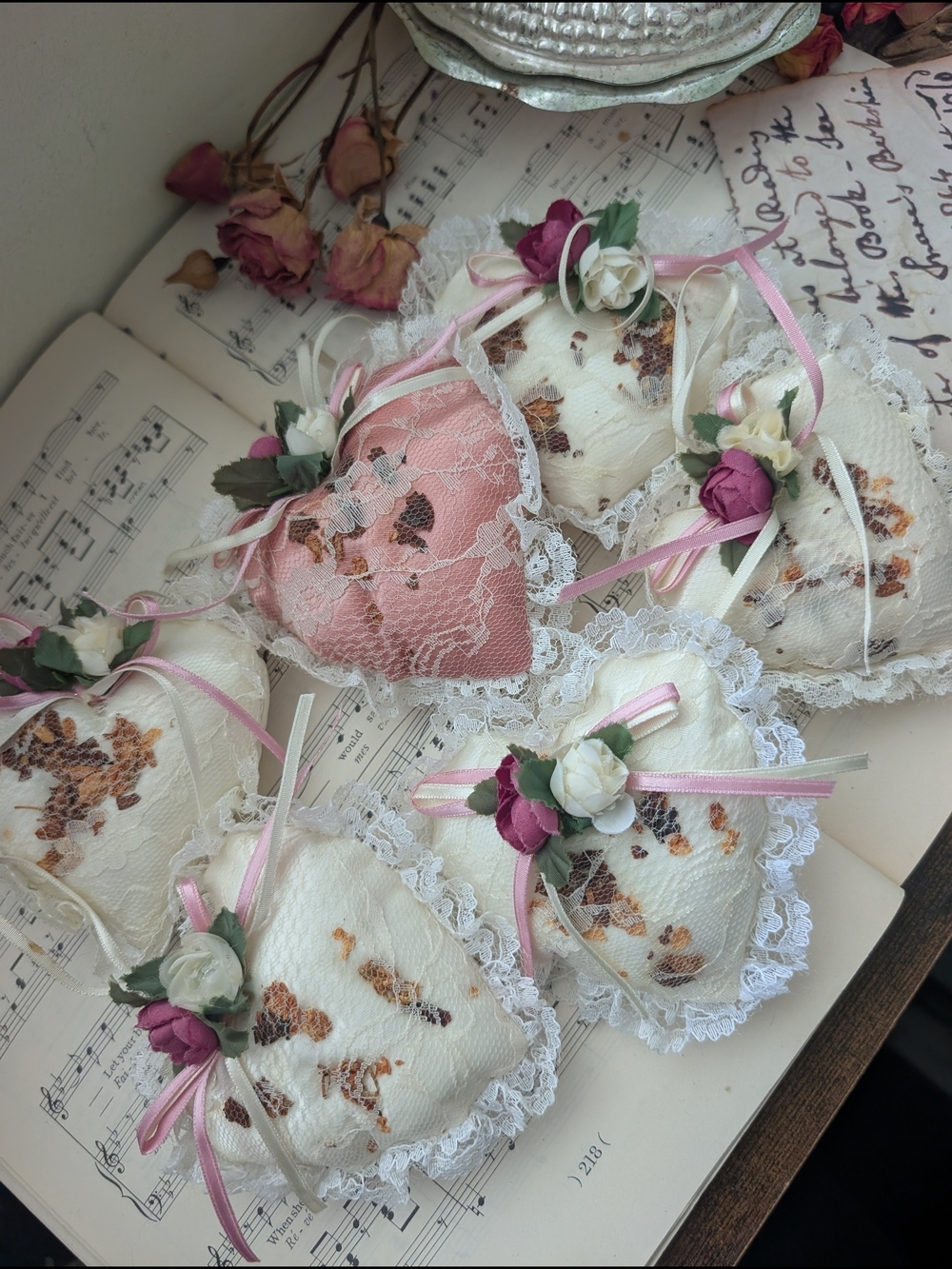 Vintage Lace Heart Sachets in Pink & Cream Rose Petals